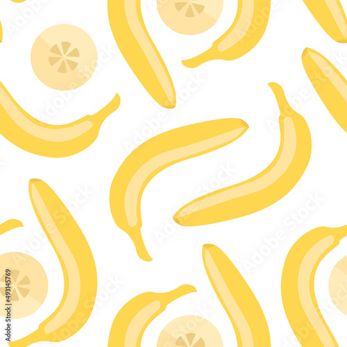 Vector seamless pattern with whole and cut bananas on a white background. Flat illustration with ripe fruits and round slices for juice and baby food packaging design. Cute naive children's print.