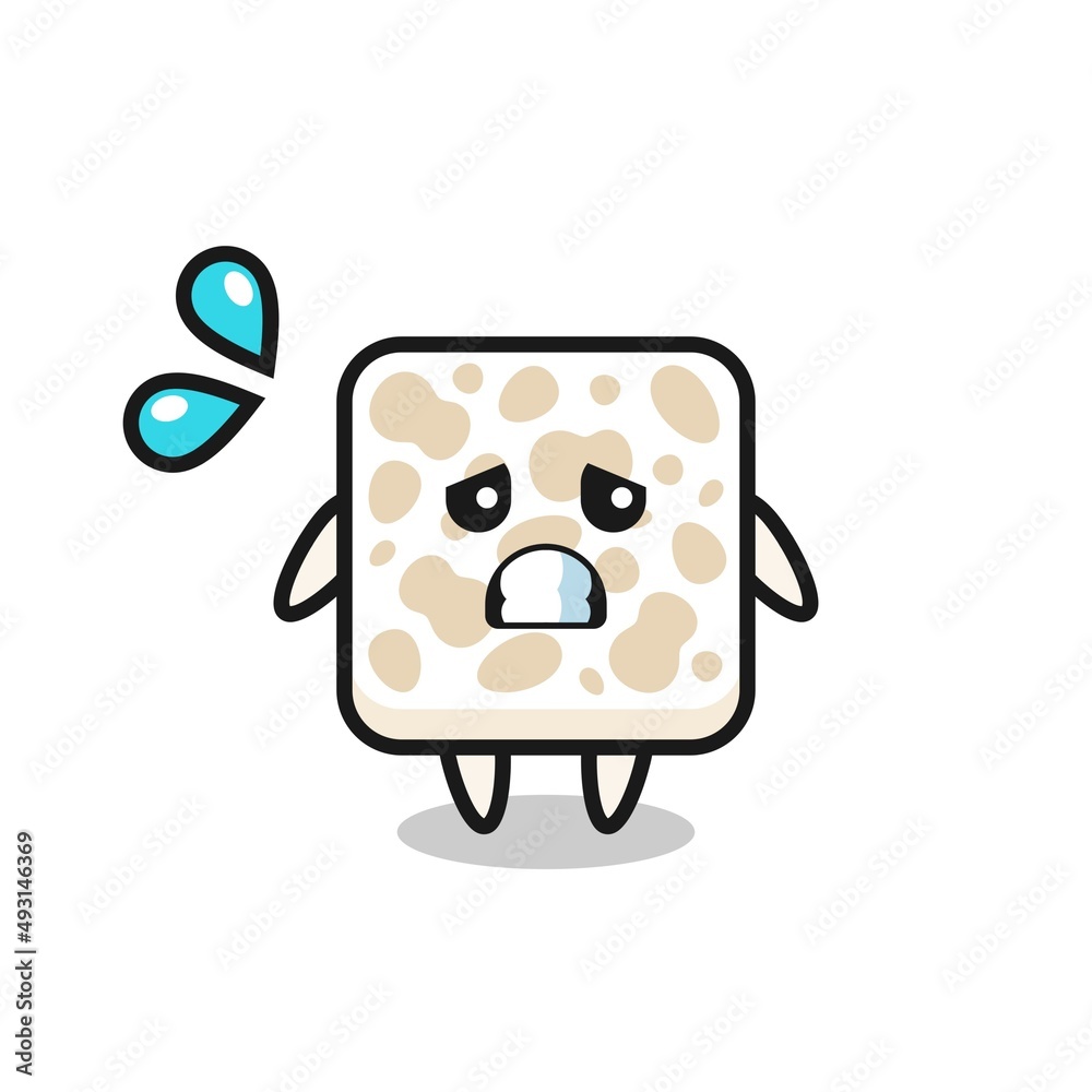 tempeh mascot character with afraid gesture