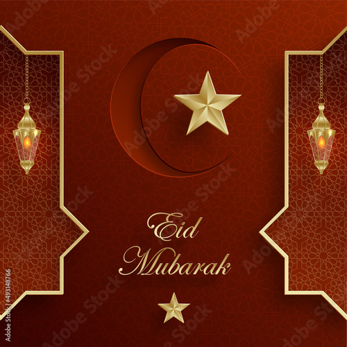 Eid Mubarak or Ramadan Kareem on Islamic design concept with crescent moon on color background