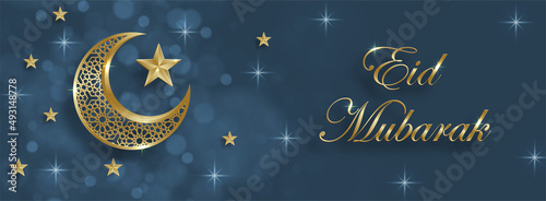 Eid Mubarak or Ramadan Kareem on Islamic design concept with crescent moon on color background