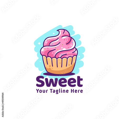 Cute Cupcake Outline Cartoon Illustration Icon Logo