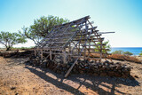 Remains of a Hawaiian Hale in the ancient fishing village in ruins of the Lapakahi State Historical Park on the island of Hawai'i (Big Island) in the United States - Traditional Polynesian house