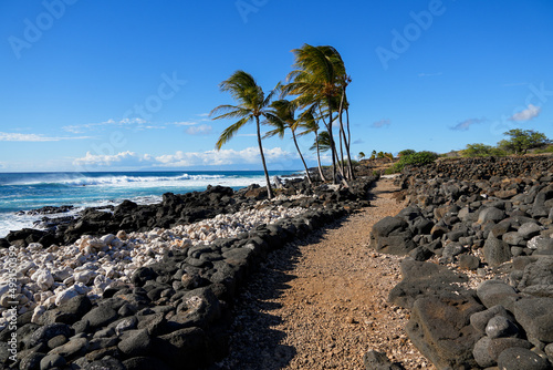 Rocky coastal trail path following the Pacific Ocean in the ancient fishing village in ruins of the Lapakahi State Historical Park on the island of Hawai'i (Big Island) in the United States