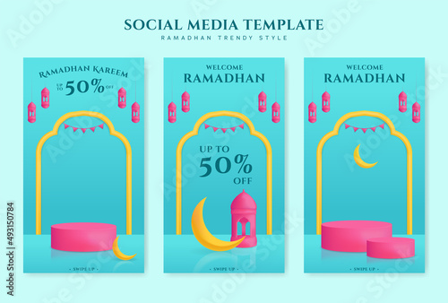 instagram ramadhan story template set for promotion with podium product showcase in trendy colorful style