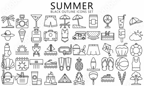 Summer and Holidays Icons set. Monoline concept Symbol of tourism, travel recreation, beach and season. Used for web, UI, UX kit and applications, vector EPS 10 ready convert to SVG.