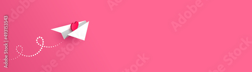 Horizontal banner with paper airplane and heart symbol