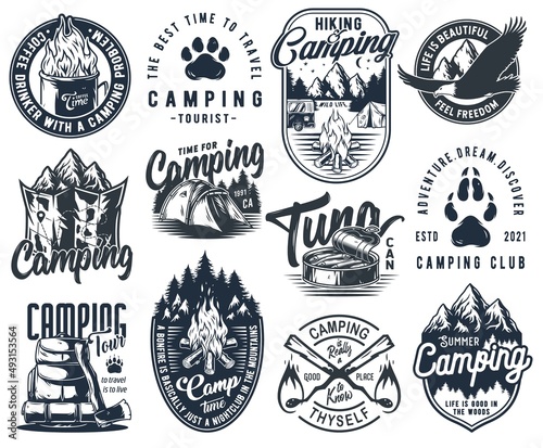 Set of monochrome camping and travel emblems, including campfire, flag, wood, lantern, forest