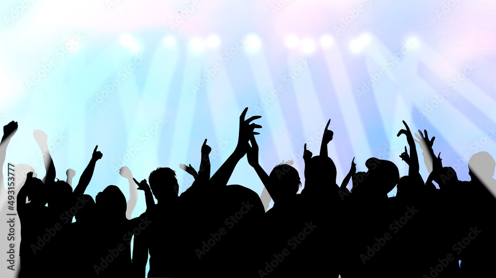 Fototapeta premium ライブで盛り上がる人々のシルエット_明るい紫のライト背景_ワイド