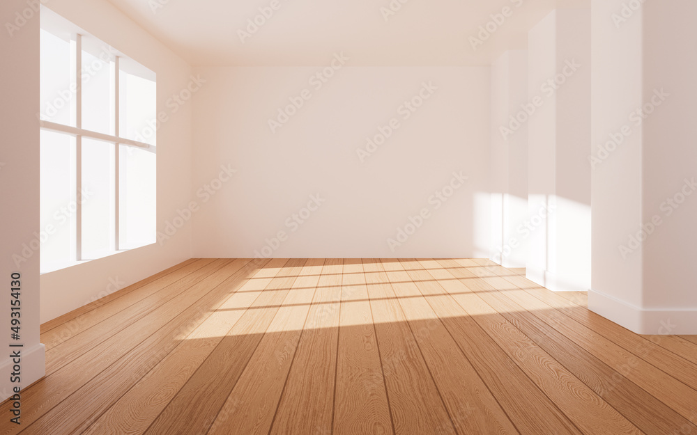 Fototapeta premium White empty room with wooden floor, 3d rendering.