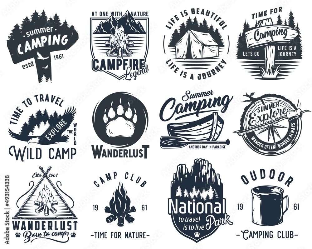 Set of monochrome camping and travel emblems, including campfire, flag, wood, lantern, forest Set of monochrome camping and travel emblems, including campfire, flag, wood, lantern, forest