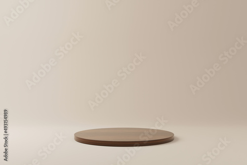 Abstract minimal scene with wooden podium in studio lighting beige background. Product presentation showcase, Mock up stage, Cosmetic product display, Podium, stage pedestal. 3d rendering