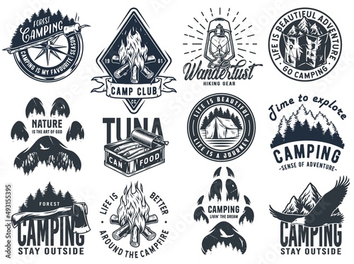 Set of monochrome camping and travel emblems, including campfire, flag, wood, lantern, forest