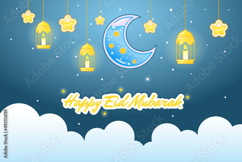 Cute Happy Eid Mubarak Islamic Design Greeting Card Liquid Crystal Golden Star And Lantern