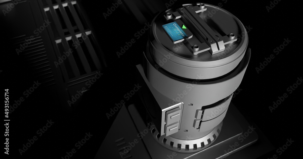 Laboratory control room monitor display in dark scene 3D rendering sci ...