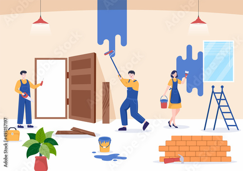 Home Renovation or Repair with Construction Tools, Laying Floor Tiles and Painting Wall to Good Decoration Condition in Flat Background Illustration