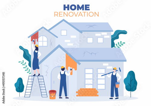 Home Renovation or Repair with Construction Tools, Laying Floor Tiles and Painting Wall to Good Decoration Condition in Flat Background Illustration