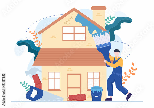 Home Renovation or Repair with Construction Tools, Laying Floor Tiles and Painting Wall to Good Decoration Condition in Flat Background Illustration
