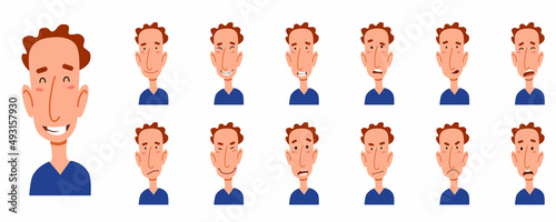 A set of different emotions of a curly thin man. A handsome male with different facial expressions. Vector illustration in cartoon style
