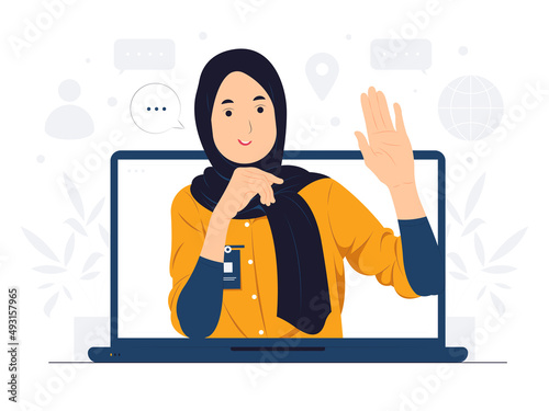 Muslim woman do business video call conference, telecommuting, Webinar, using laptop talk to colleagues, online learning and remote working concept illustration