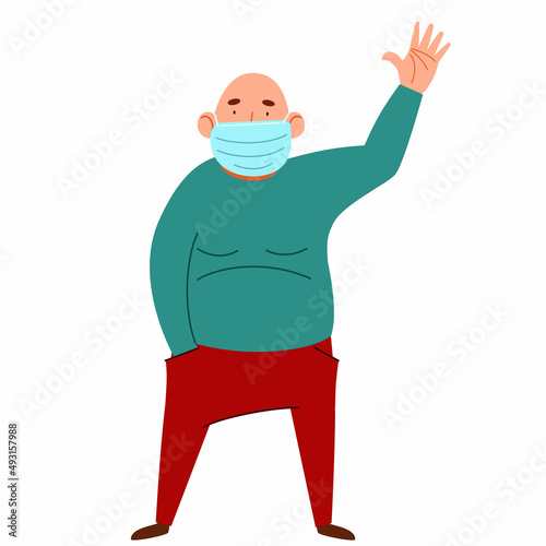 A fashionable pot-bellied man in a medical mask greets. Friendly greeting of a bald guy. Vector illustration in a flat style, isolated on a white background.