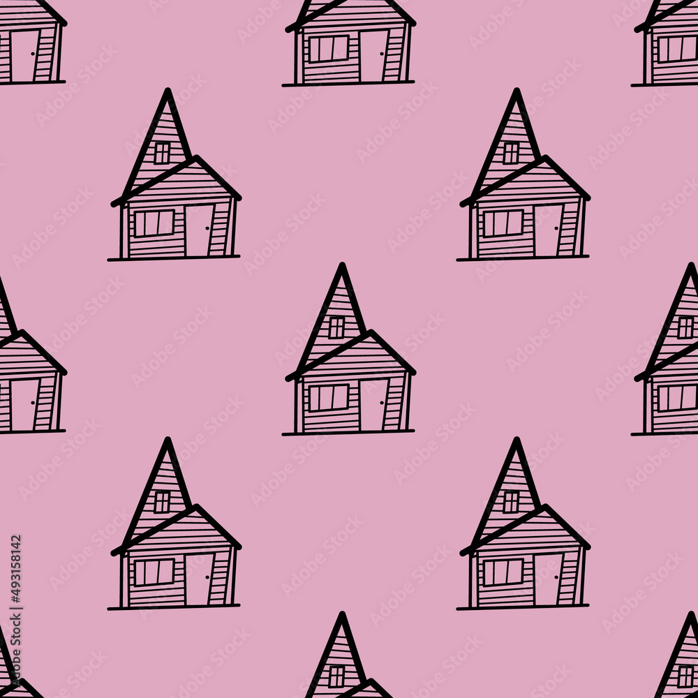 Seamless vector pattern of contour houses in doodle style on pink background. The illustration is used for a magazine, book, poster, postcard, web pages.