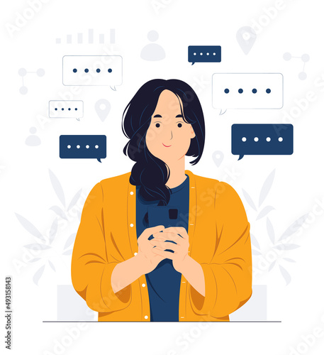 Girl using mobile phone, texting, messaging or chatting with friends online, looking at smart phone concept illustration