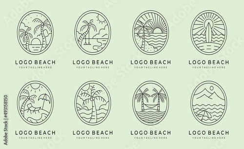 set of line art beach icon logo vector illustration design, ocean landscape whit badge emblem and wave minimal logo design