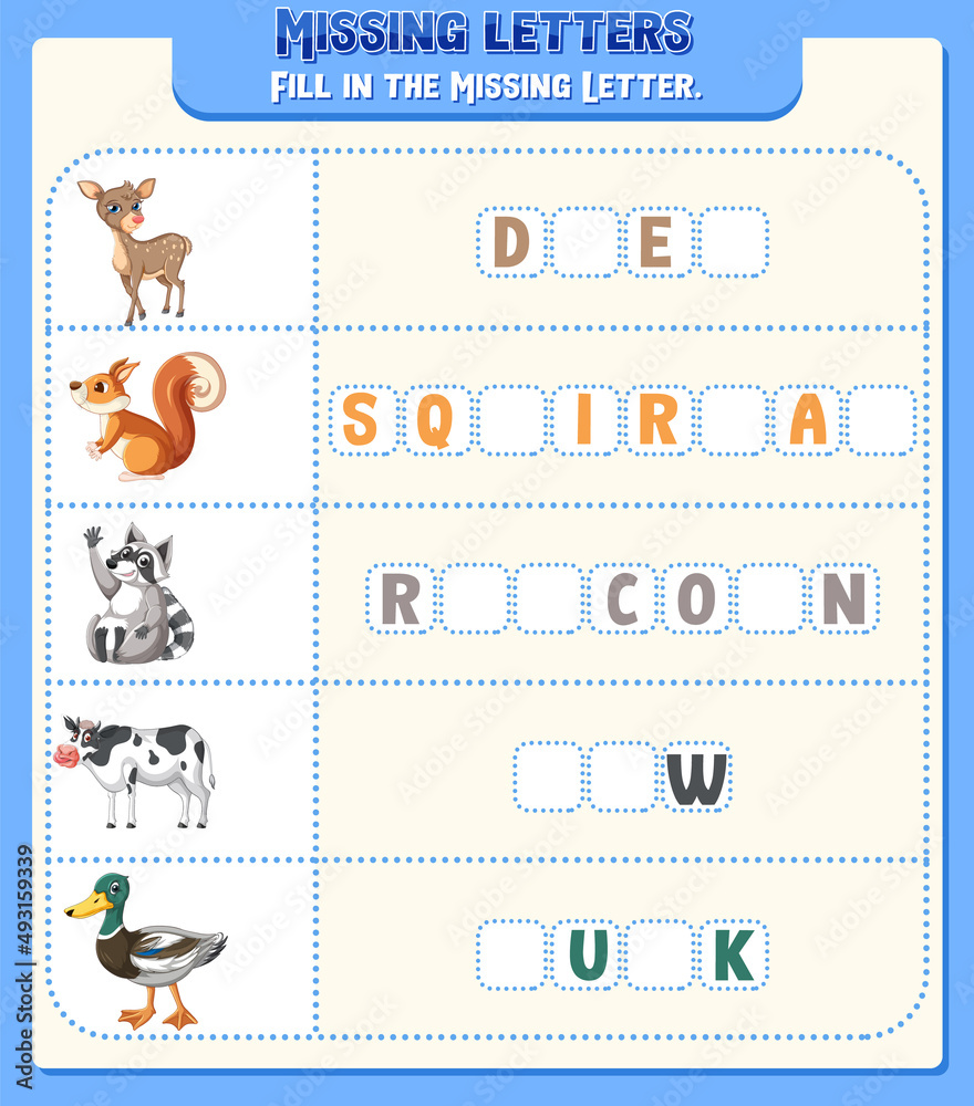 Fill the missing letter of each word worksheet for children Stock ...