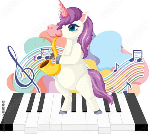 Cute purple unicorn blowing saxophone with music notes on piano