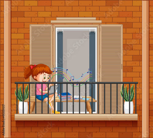 Balcony scene with a girl cartoon character