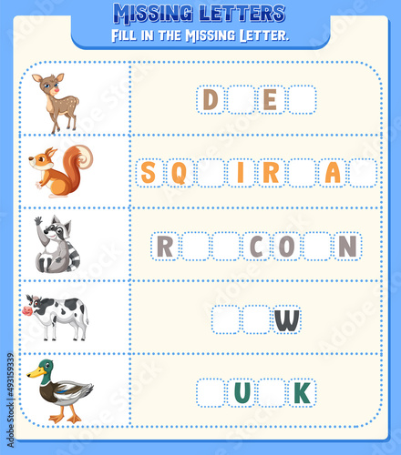 Fill the missing letter of each word worksheet for children