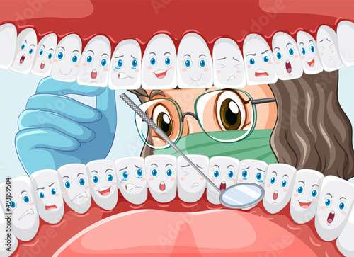 Dentist holding instruments examining patient teeth inside human mouth