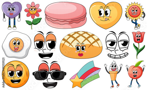 Set of facial expression with vintage style food cartoon on white background