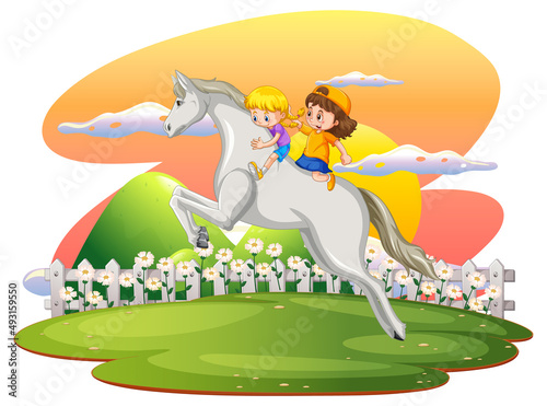 A scene of girl and friend riding on a horse