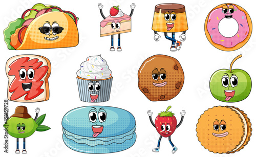 Set of facial expression with vintage style food cartoon on white background