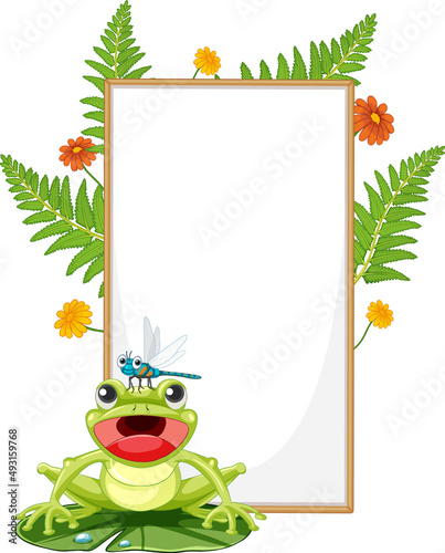 Blank wooden signboard with frog in cartoon style