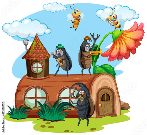 Fantasy stump house with beetle and bee