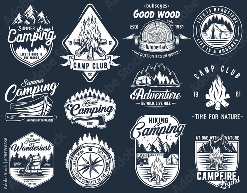 Camping outdoor emblem set, wild forest trip, boating adventure, mountains and campfire explore