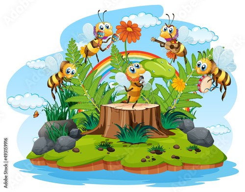 Happy insect in nature fairy tale scene