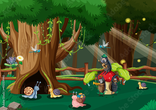Fantasy forest with cartoon insects