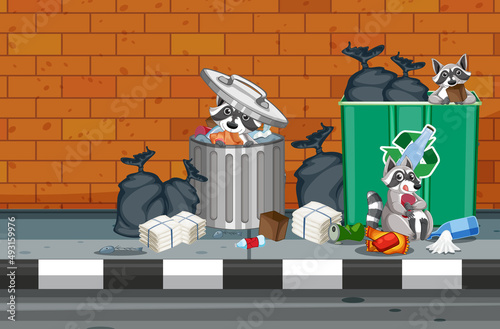 Three raccoons eating food from trash by the road