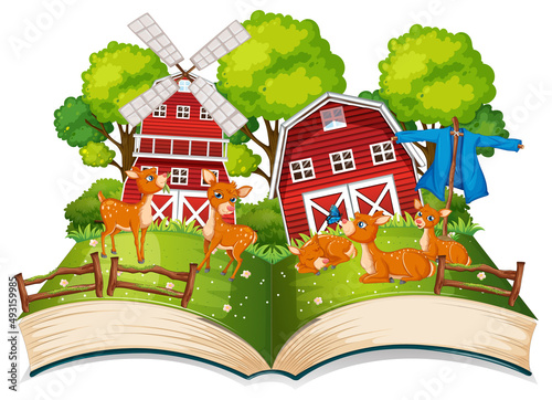 Farm scene with many deers by the barn