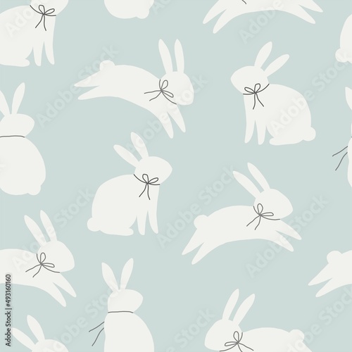 Happy Easter - vector print. Cute spring card with quail eggs, flowers, Willow twigs, bunny, leaf and design elements in flat style. Seamless pattern	
