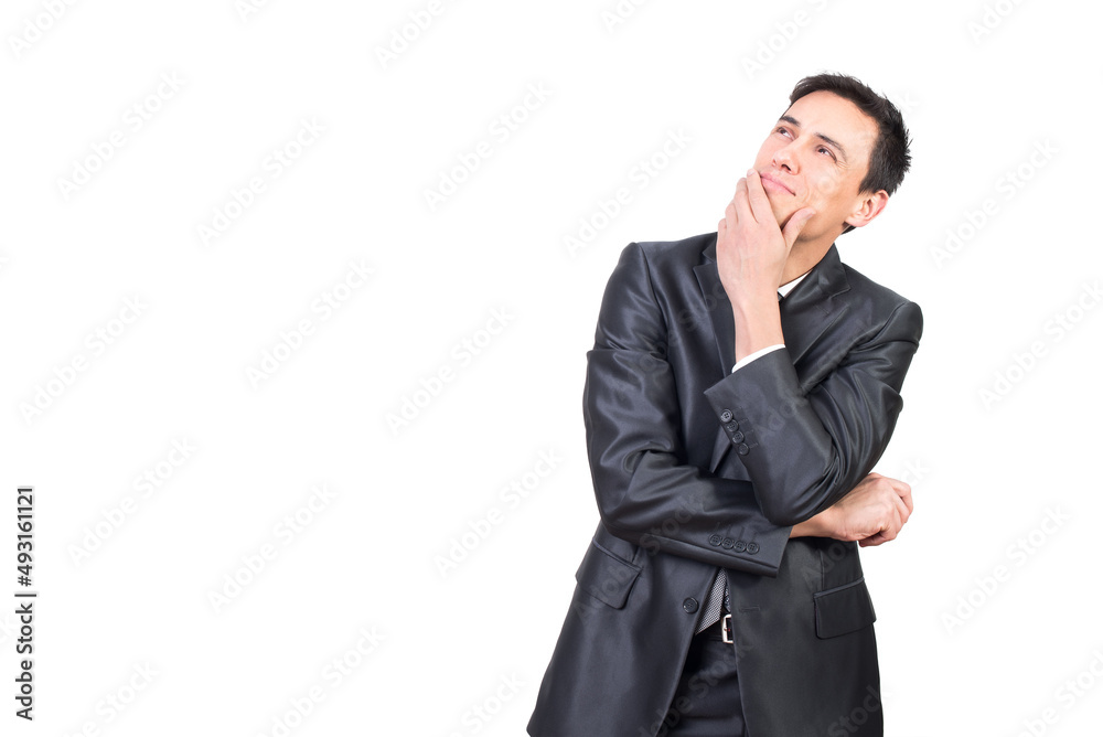 Positive man in formal suit looking up Positive man in formal suit looking up