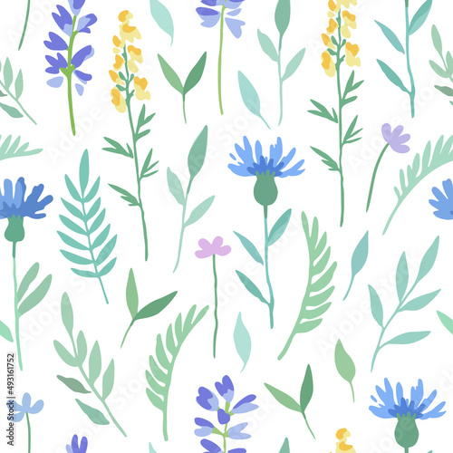 Seamless pattern with abstract meadow flowers in delicate watercolor style.