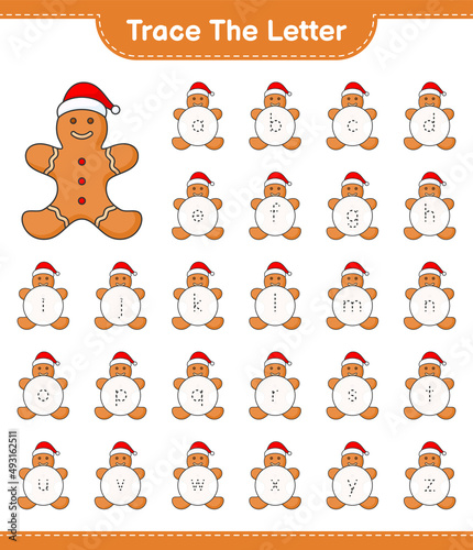 Fototapeta Naklejka Na Ścianę i Meble -  Trace the letter. Tracing letter alphabet with Gingerbread Man. Educational children game, printable worksheet, vector illustration