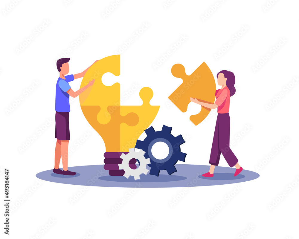 Light bulb as symbol for bright idea vector illustration. People put together a lightbulb puzzle, Creative thinking abstract metaphor. Vector illustration in a flat style Light bulb as symbol for bright idea vector illustration. People put together a lightbulb puzzle, Creative thinking abstract metaphor. Vector illustration in a flat style