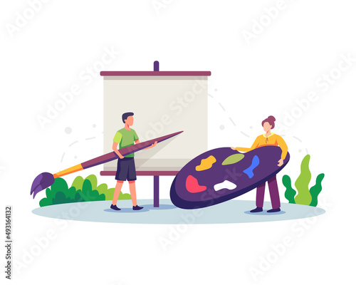 Painting flat illustration concept. People paint using Easel, Canvas, Brushes and Watercolor. Vector illustration in a flat style