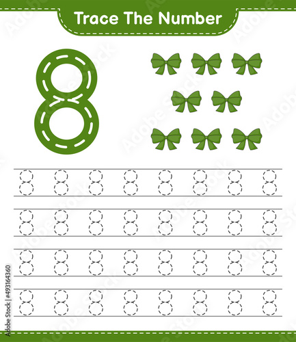 Trace the number. Tracing number with Ribbon. Educational children game, printable worksheet, vector illustration