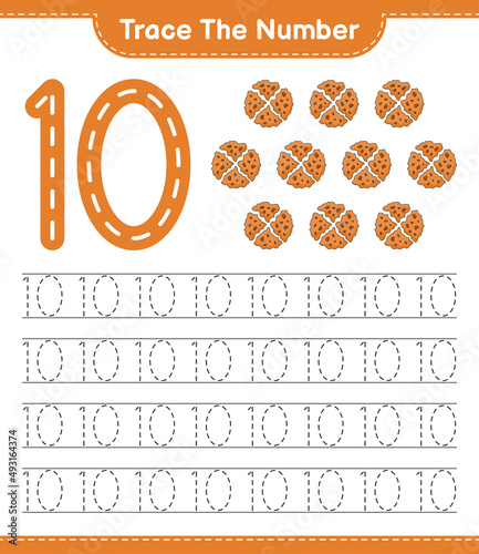 Trace the number. Tracing number with Cookie. Educational children game, printable worksheet, vector illustration